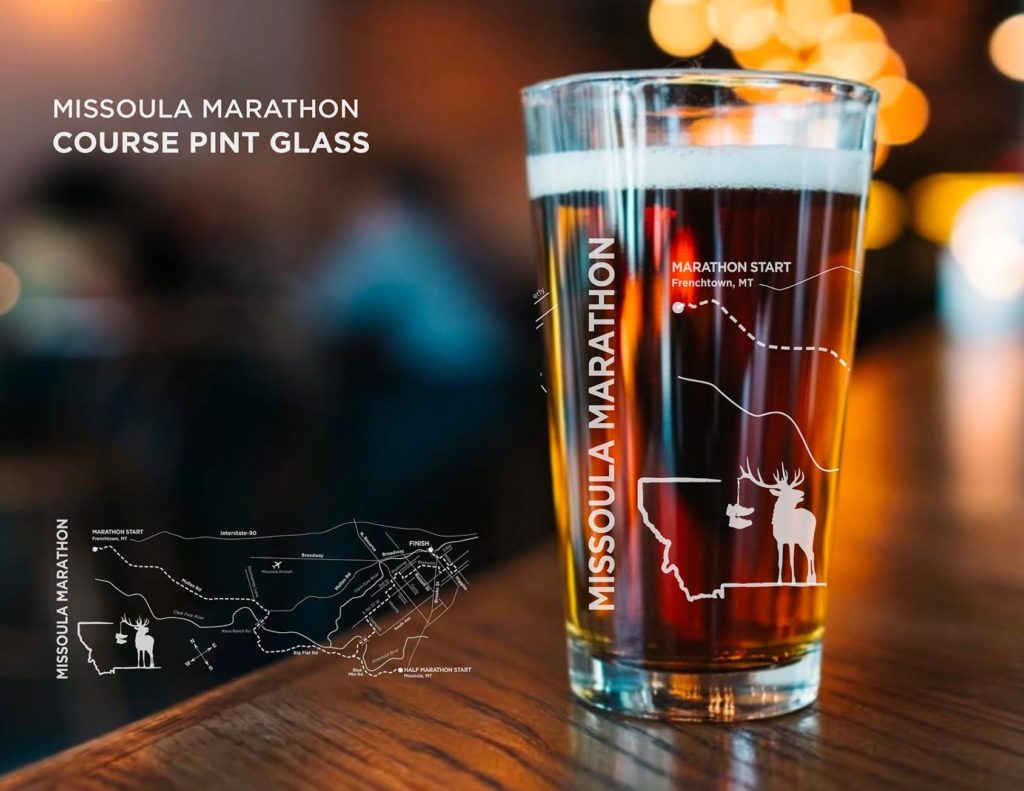 Missoula Marathon Course Map Pint glass, with white etching